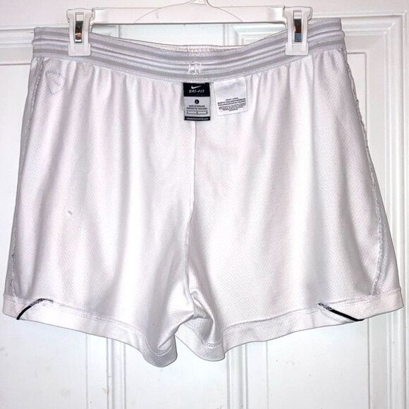 NIKE Dri-FIT Sport Workout White with Black Logo Shorts Womens Large - Picture 8 of 12